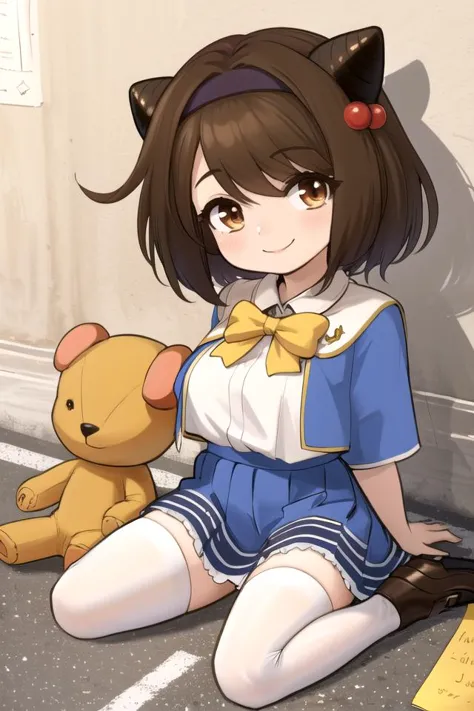 anime girl sitting on the ground with a teddy bear