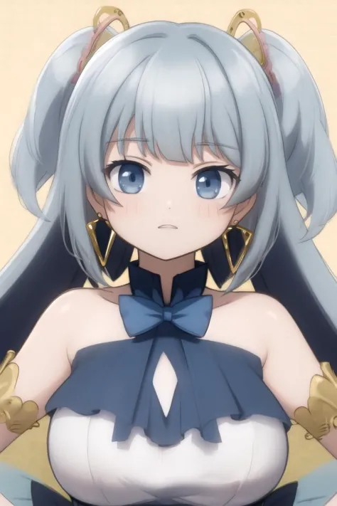 anime girl with long gray hair and blue eyes wearing a white top