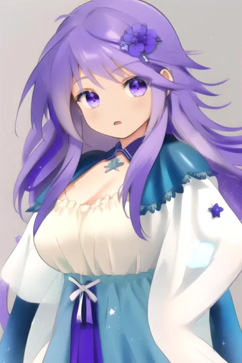 a close up of a woman with purple hair and a blue dress