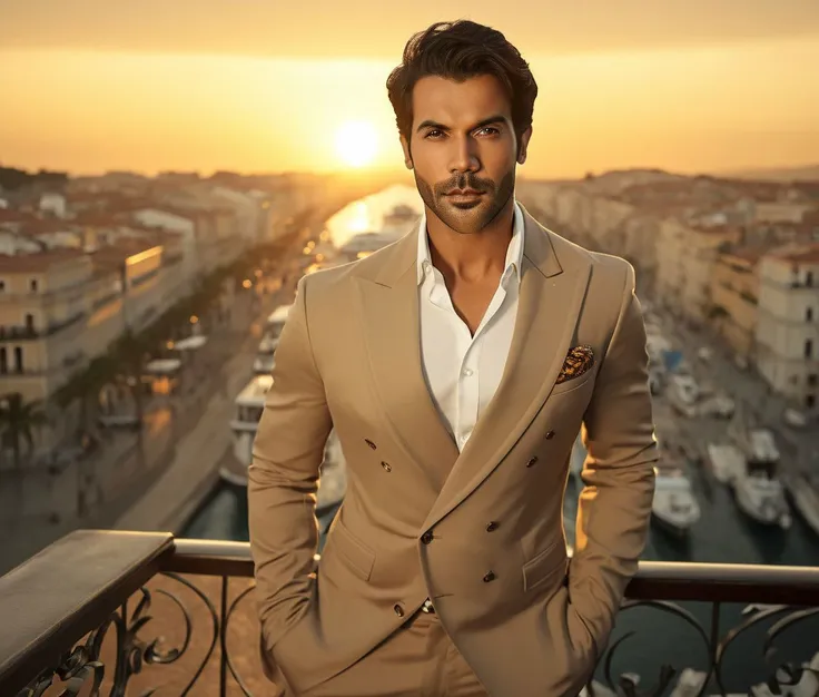 araffeed man in a tan suit standing on a balcony overlooking a city