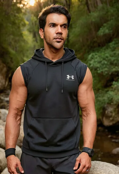 a man in a black hoodie standing in front of a river