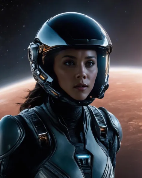 lexa_doig, <lora:LexaDoigXL:1>, floating in space, alien planet, universe, space, futuristic space suit, closed helmed, helmet lamp, epic space battle in background, ((perfect eyes, detailed eyes,realistic eyes)), (masterpiece, best quality, ultra-detailed...
