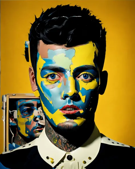 a painting of a man with a black hair , solo, simple background, black hair, 1boy, male focus, parted lips, black eyes, piercing, portrait, yellow background  , 