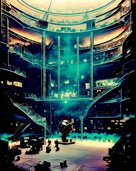 a large building with a bunch of stairs , a futuristic space station with a large window  , <lora:Creepy_Journey:1>