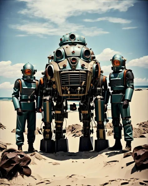 a group of people in costumes standing in the sand , gloves, weapon, male focus, boots, outdoors, multiple boys, sky, cape, armor, military, mask, facial hair, helmet, robot, mecha, beard, science fiction, 6+boys, realistic, sand, retro artstyle, bald, manly, power armor, spacecraft, tunic, soldier, spacesuit, desert  , <lora:Creepy_Journey:1>