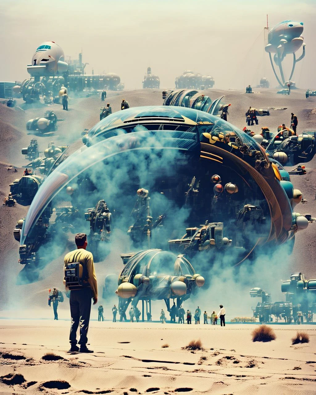 a man стоя in front of a giant spaceship , держа, стоя, на открытом воздухе, несколько мальчиков, научная фантастика, реалистичный, песок, пустыня  , 