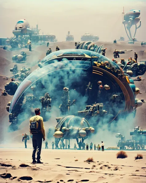 a man standing in front of a giant spaceship , holding, standing, outdoors, multiple boys, science fiction, realistic, sand, des...