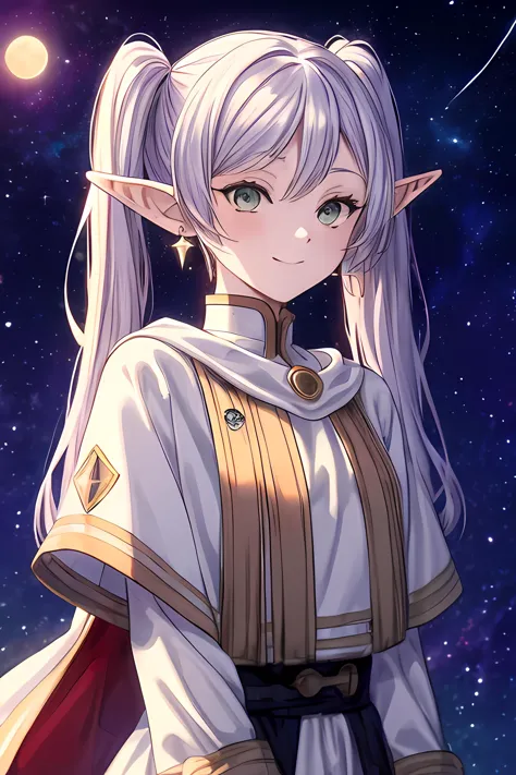 ((masterpiece)), (best quality), highres, ultra-detailed, frieren, 1girl, aurora, bangs, city lights, constellation, crescent moon, desert, earrings, earth \(planet\), elf, fireflies, fireworks, full moon, galaxy, grey eyes, hoop earrings, jewelry, light particles, long hair, milky way, moon, moonlight, night, night sky, parted bangs, planet, pointy ears, robin \(fire emblem\), shooting star, sky, snow, snowing, solo, space, space craft, star \(sky\), starry background, starry sky, starry sky print, tanabata, tanzaku, twilight, twintails, upper body, white capelet, smile, green eyes, <lora:Frieren:0.8> <lora:add_detail:0.5>