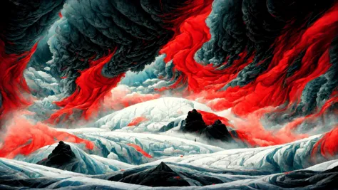 a painting of a mountain with a red sky and clouds