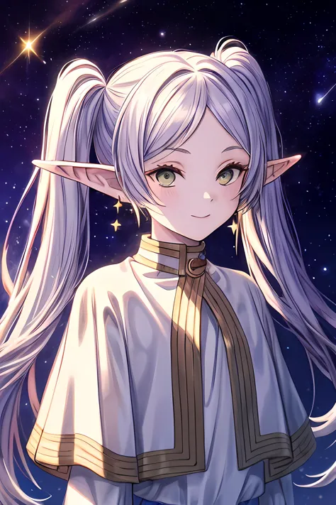 anime girl with long white hair and green eyes in front of a starr sky