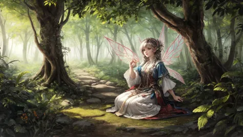 a close up of a woman sitting in a forest with a fairy costume