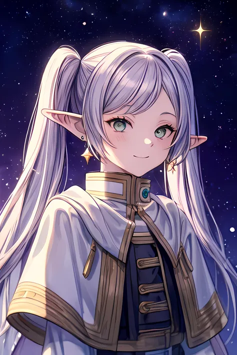 ((masterpiece)), (best quality), highres, ultra-detailed, frieren, 1girl, aurora, bangs, city lights, constellation, crescent moon, desert, earrings, earth \(planet\), elf, fireflies, fireworks, full moon, galaxy, grey eyes, hoop earrings, jewelry, light particles, long hair, milky way, moon, moonlight, night, night sky, parted bangs, planet, pointy ears, robin \(fire emblem\), shooting star, sky, snow, snowing, solo, space, space craft, star \(sky\), starry background, starry sky, starry sky print, tanabata, tanzaku, twilight, twintails, upper body, white capelet, smile, green eyes, <lora:Frieren:0.8> <lora:add_detail:0.5>