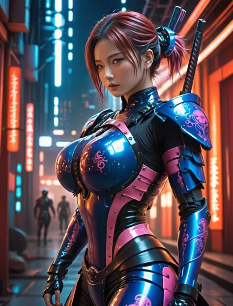 cinematic still Cyberpunk Samurai Female Renaissance, sci-fi aesthetic, traditional japanese motives on armor, Surrealism, vibra...