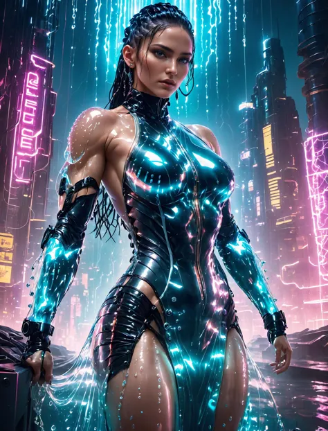 cinematic still Finnish cyberpunk 1girl, cyberpunk style, revealing and exposing (water dress), cinematic, wearing lit fiber opt...