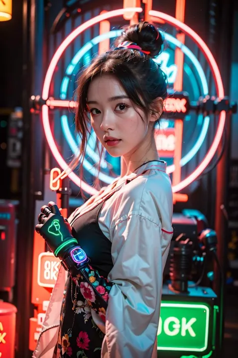 (8k, RAW photo, best quality, masterpiece:1.2), (extremely detailed CG unity 8k wallpaper), (best quality:1.4), (ultra highres:1.2), (photorealistic:1.4), (8k, RAW photo:1.2),  1 girl solo, perfect_hand, (portrait shot:1.4), (neon lights:1.4), (mechanical arms:1.2), hanfu, (Dancing posture:1.1), light column background, glowing, (light particles:1.1), <lora:SBGF:0.8>,