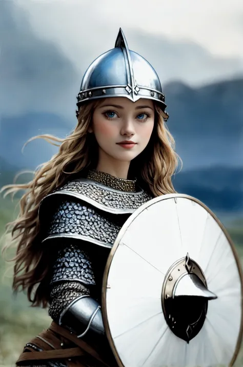 a close up of a woman in a helmet holding a shield