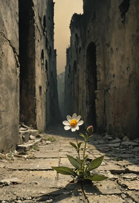 concentre-se na pequena flor na rua, em ruínas, cidade abandonada