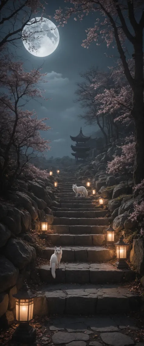 photo of stone stairs leading to shrine, (luminous white fox with magnificent tail), epic composition, cinematic lighting, beaut...