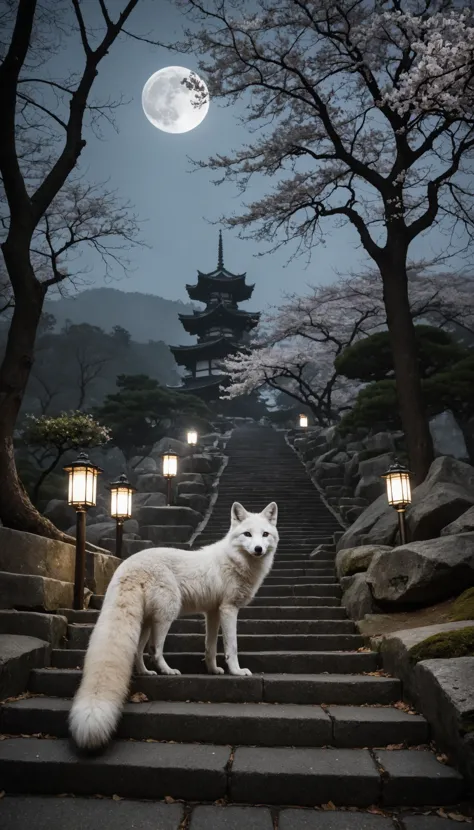 photo of a stone-paved and stone stairs approach leading to main shrine, (a white fox with fine tail), epic composition, cinemat...