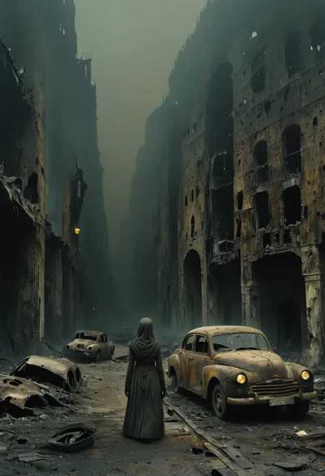 Pilgrim woman is wandering on, Main street of destroyed city, many damaged, rusted cars. Dark, fog, mistery lights