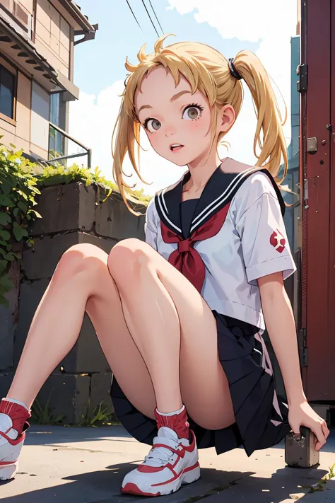 anime girl sitting on the ground with her legs crossed