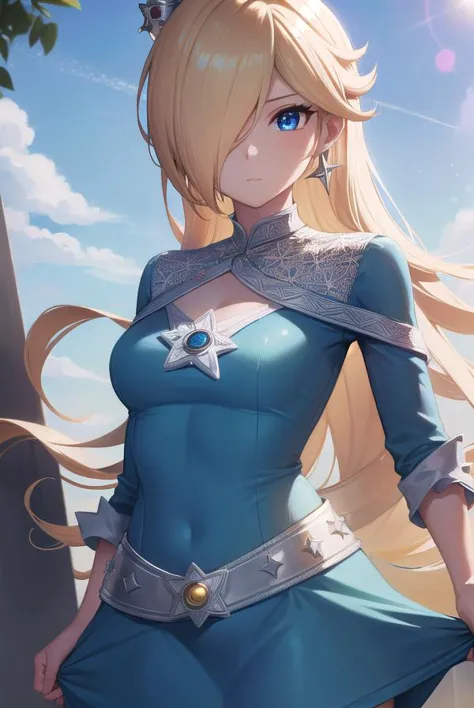 a woman in a blue dress with a star on her chest