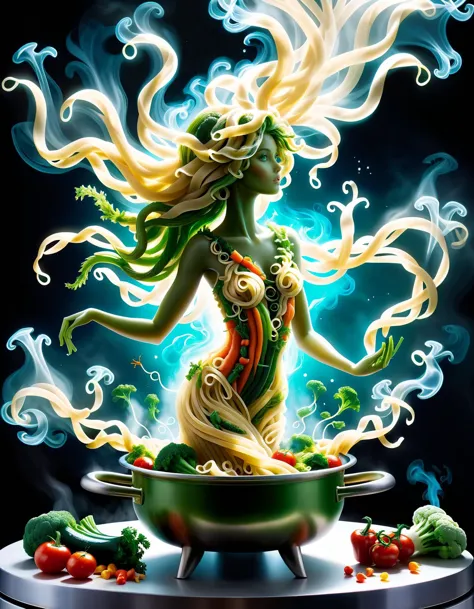 ethereal fantasy concept art of a woman made of vegetables and noodles, inner (biocore:1.3) emerging from pot on a stove, green ...