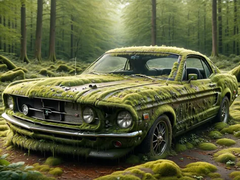 8k, highly detailed, a 1967 classic Ford Mustang in the middle of the overgrown woods, post-apocalyptic, rusted, smashed glass, ...