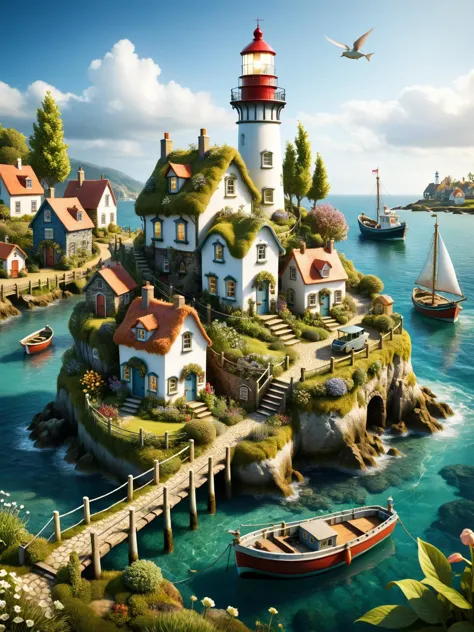 ovrgrwth, A whimsical scene of a ovrgrwth fairy village, with tiny habor, small fishing boats, a lighthouse, houses, bridges, an...