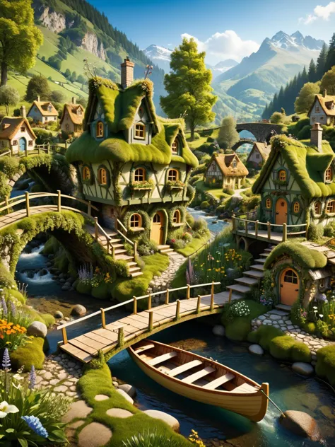 ovrgrwth, A whimsical scene of a ovrgrwth fairy village, with tiny houses, rowing boats, streams, hills, bridges, and gardens al...