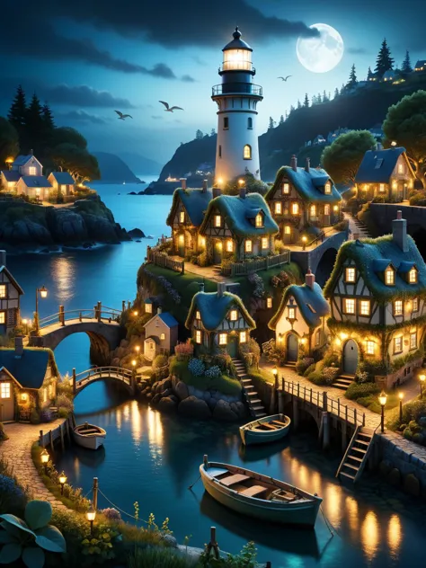 ovrgrwth, A whimsical scene of a ovrgrwth fairy village at night, with tiny habor, fishing boats, a lighthouse, houses, bridges, and gardens all intricately detailed in ovrgrwth textures, buildings with ethereal lights <lora:ovrgrwth-sdxl:0.5>, dark, atmospheric, dynamic, cinematic, masterpiece, intricate, hdr. <lora:EnvyBetterHiresFixXL01:0:hr=1>