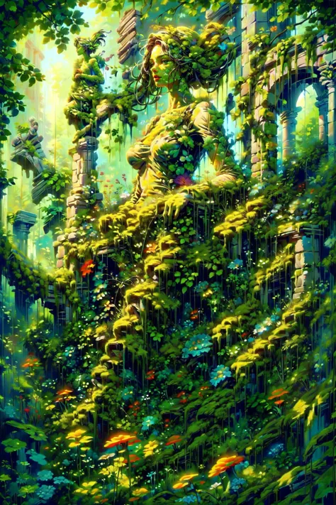 (masterpiece, best quality, detailed, vivid colors, colorful, vibrant), solo, (statue), ruins, outdoors, verdant, wildness, (flo...