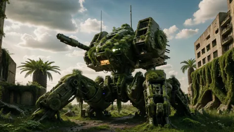 a large robot standing in the middle of a lush green field