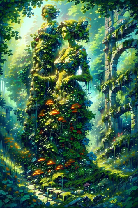 (masterpiece, best quality, detailed, vivid colors, colorful, vibrant), solo, (statue), ruins, outdoors, verdant, wildness, (flo...