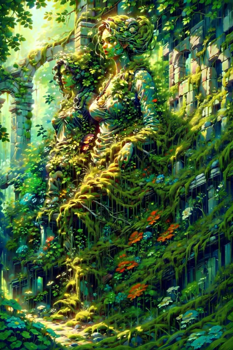 (masterpiece, best quality, detailed, vivid colors, colorful, vibrant), solo, (statue), ruins, outdoors, verdant, wildness, (flo...