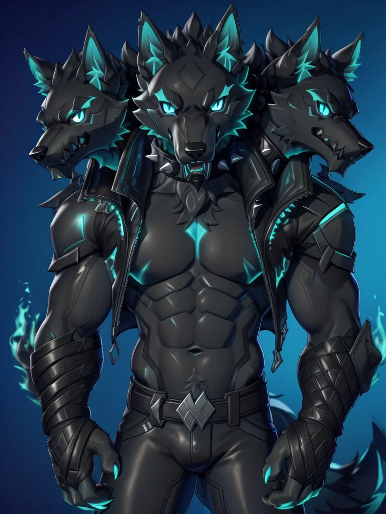 (hi res, high quality), furry, kemono, anthro, (cerberus-fortnite), wolf eras, wolf tail, multi head, (3 heads:1.4), (black fur:1.55), (black body:1.55), blue eyes, (blue sclera), looking at viewer, spiked collar, black collar, abs, leather jacket, open jacket, navel, claws, standing, simple background, 