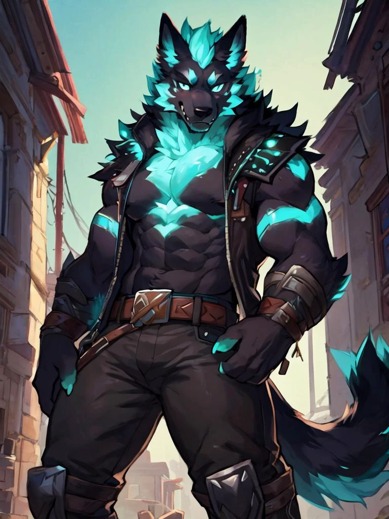 (high quality, highres, masterpiece), solo, by milkytiger1145:0.9, by garnetto:0.5, ruins, (Cerberus (Fortnite)):1.4, black pants, jacket, belt, claws, fur, glowing, glowing body, hair, standing, smug, looking at viewer, detailed background, muscular, 