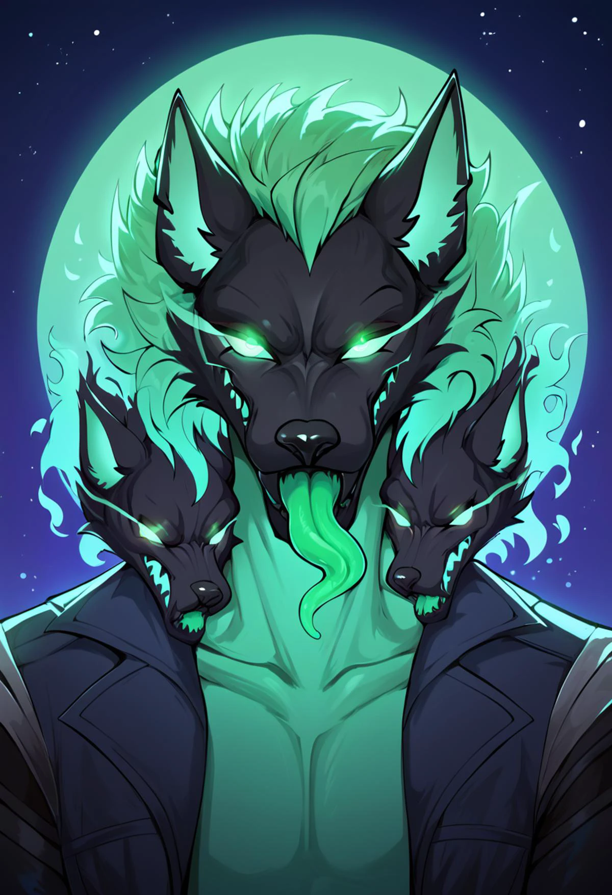 portrait of cerberus (fortnite), rating_safe, Green body, Green Eyes,Glowing Eyes, male, (multi head), tongue out, green tongue
purple tshirt,glowing frame, backlight colors, silhouette colors, cosmic frame, silhouette, backlighting, vibrant, magical night sky, illustration, soft, beautiful,, score_9, score_8_up, score_7_up, score_6_up, score_5_up, score_4_up