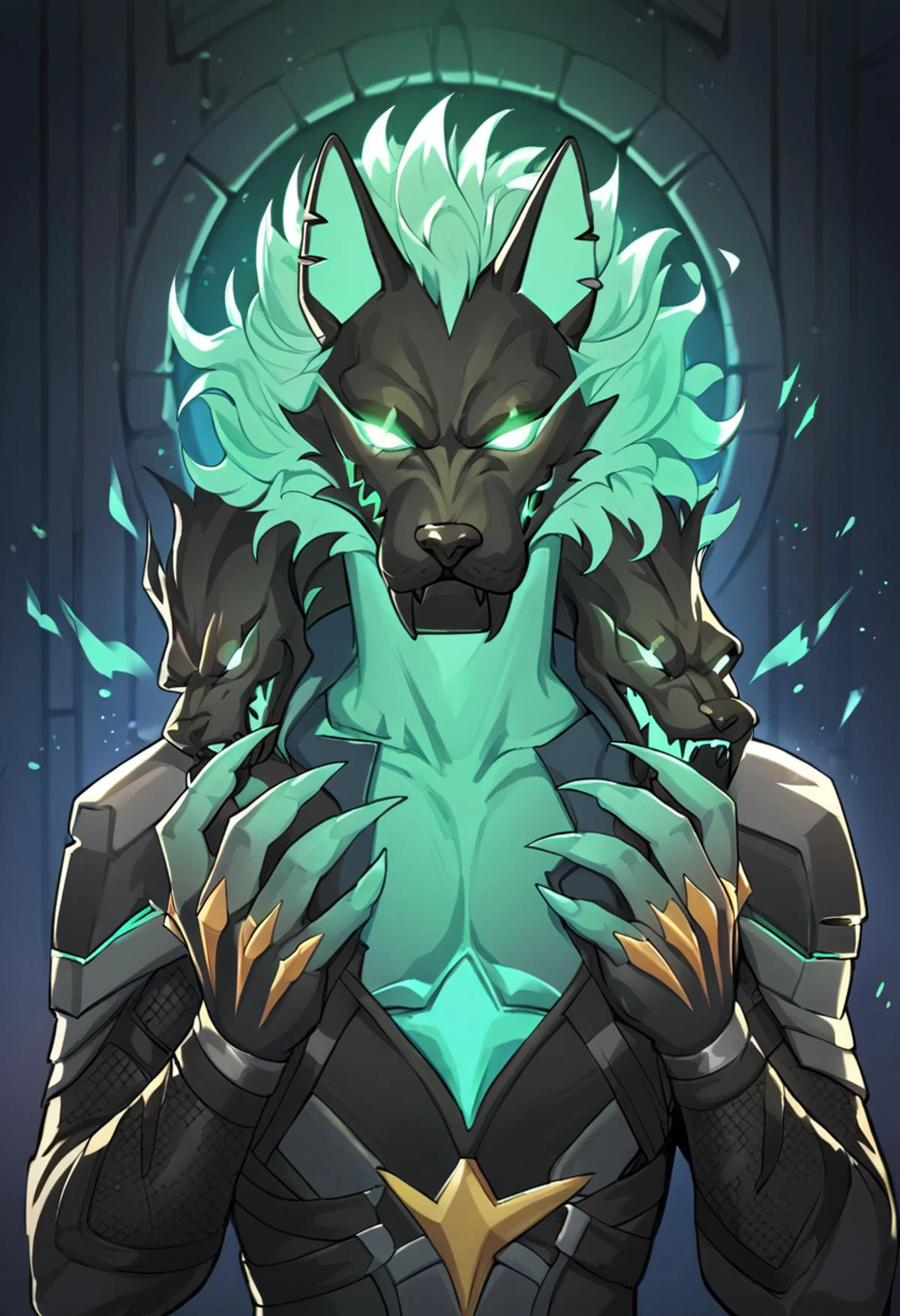 portrait of cerberus (fortnite), rating_safe, Green body, Green Eyes,Glowing Eyes,Claws,tail,snake tail,
 dark interior, particles, castle scene,  cel shading, linear hatching,, score_9, score_8_up, score_7_up, score_6_up, score_5_up, score_4_up