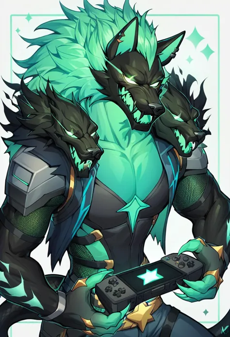 cerberus (fortnite), rating_safe, <lora:Cerberus_Fortnite_Pony:0.8>, 
Green body, Green Eyes,Glowing Eyes,Fangs,Claws,tail,snake...
