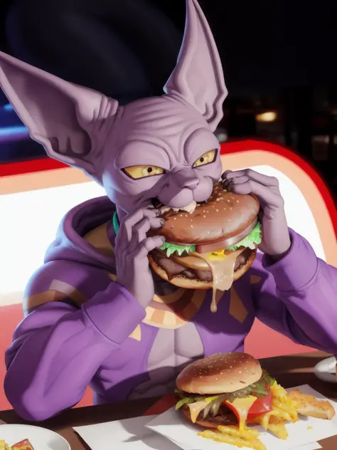cgi,realism, Beerus, eating, two-handed burger, holding a huge burger with both hands, close up, restaurant background, bite, fast food, face detail, cute, hoodie,
<lora:BeerusFRL22nO:0.8> <lora:borger-nvwls-v4:0.8>