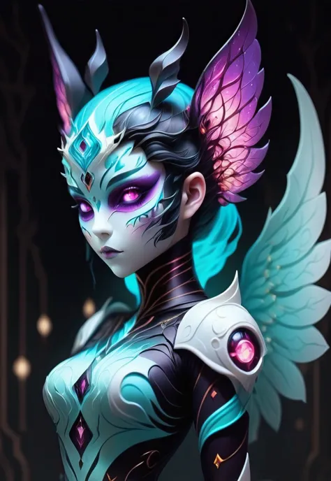 fae automaton, 1girl, woman, full body, wings, sparkling bright color:lightcyan and shimmering color:darkmagenta color scheme<lo...