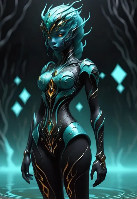 fae automaton, 1girl, woman, full body, storm elemental, shiny color:black and polished color:paleturquoise metal color scheme, ...