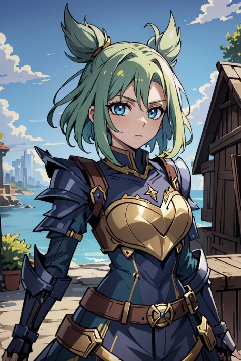 a woman in armor standing on a dock next to a building