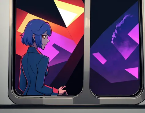 three cornered window, back of head shot of (woman looking out of triangle window:1.1), 3rd person, Looking out the triangular window of a (train:1.1) with triangular windows, triangular windows and triangular, wheels,  in a fantasy world, 
psychedelic, geometric, vivid light, high contrast, triadic colors, dark shadows,  explosions, nuclear mushroom cloud, nuclear explosion, dystopian nightmare, 
(beautiful composition),
21 yo woman,