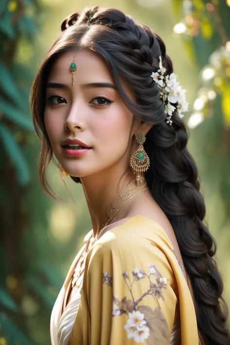 a woman with long hair and a flower in her hair