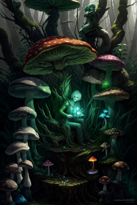 man, close-up, fantasypunk, sunlight, engraving, forest, magic, glowing symbols, statue, mushrooms, glowing moss,