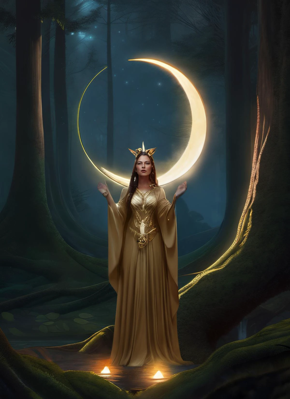 druid priestess in forest worshipping the moon, full moon, fantasy forest landscape, golden elements, fantasy magic, dark light night, intricate, elegant, sharp focus, illustration, highly detailed, digital painting, concept art, matte, art by WLOP and Artgerm, Unsplash, masterpiece