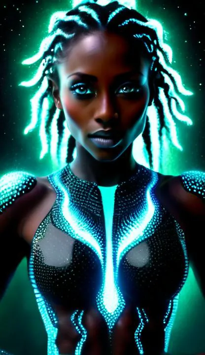 a woman with dreadlocks and glowing hair in a black suit