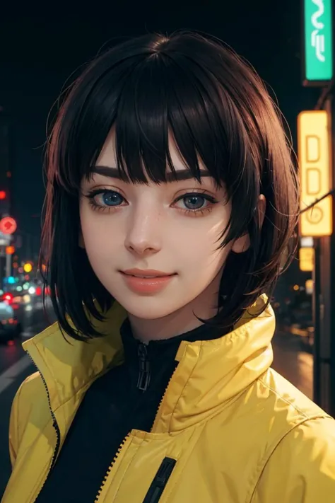 a woman with a yellow jacket and black hair standing on a street